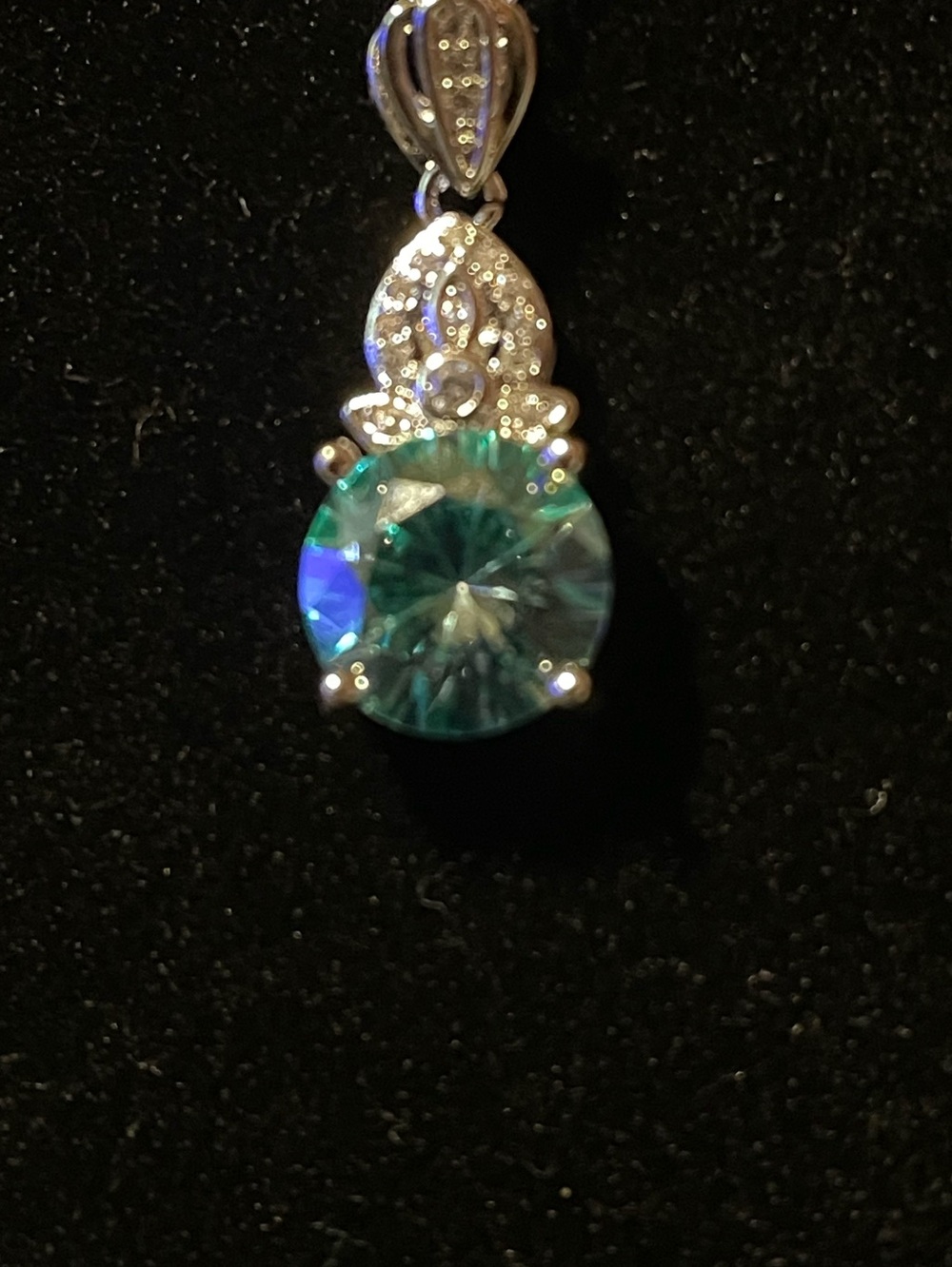 Moissanite Pendant Necklace with Aqua Blue Stone Rhodium Plated Adjustable - Picture 2 of 5